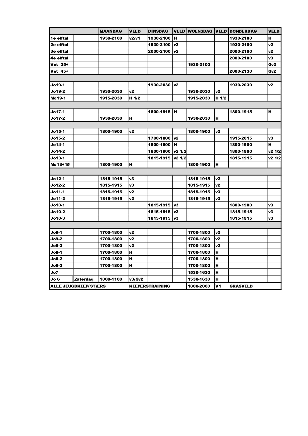 Trainingsschema 2018-2019