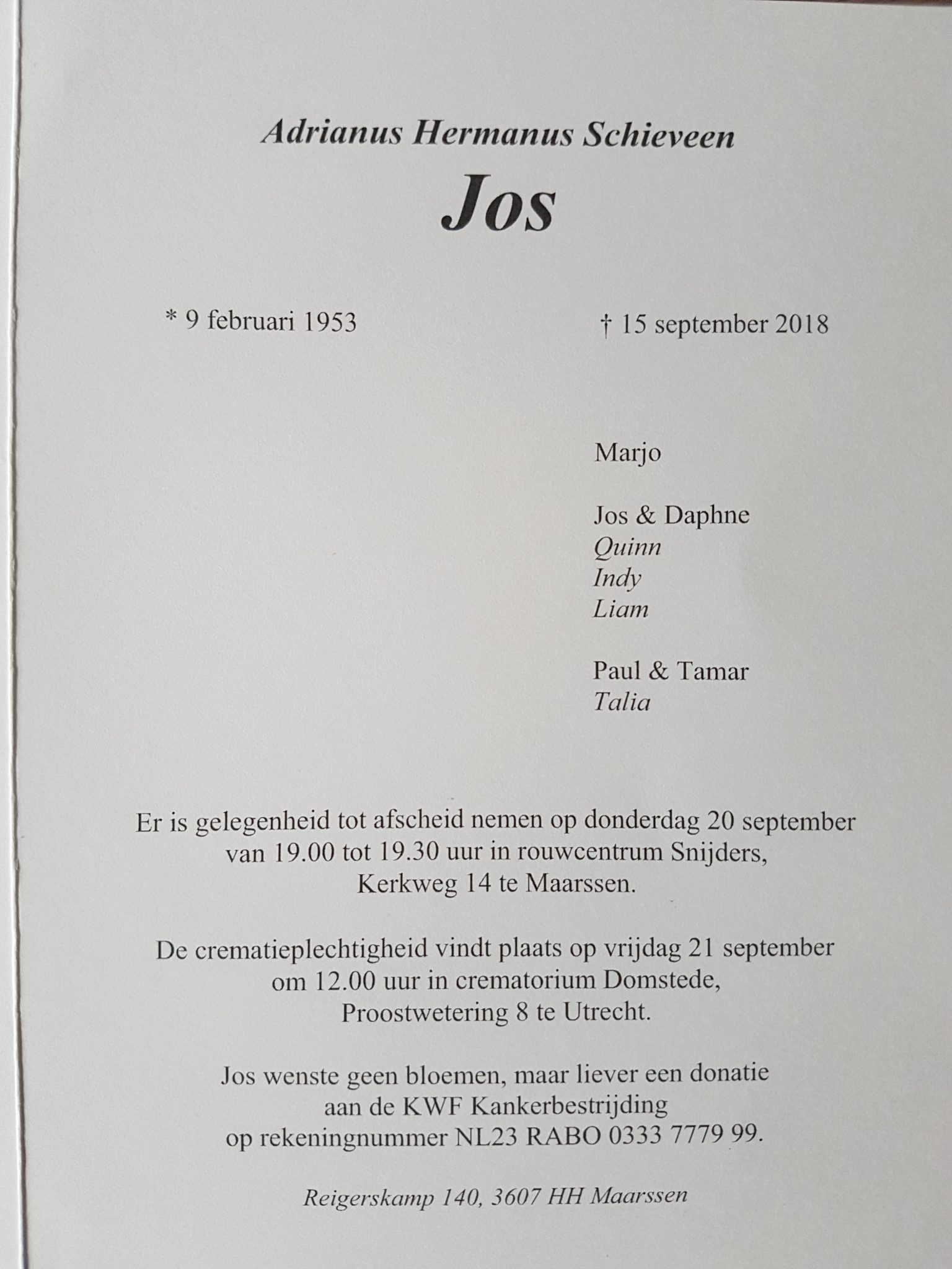 Overlijden Jos Schieveen