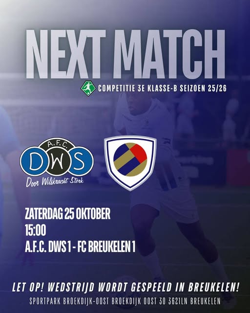 Aankomende zaterdag 25 oktober speelt het eerste THUIS tegen DWS!