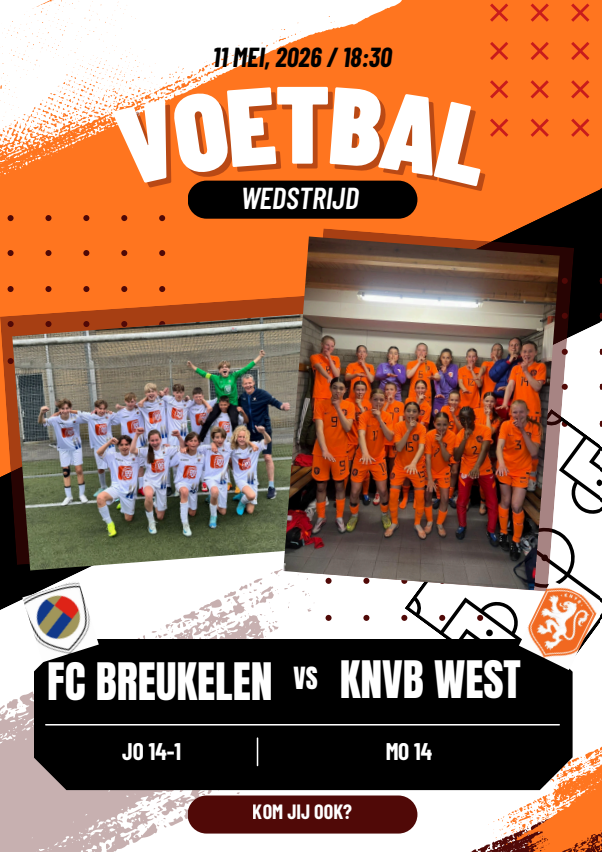 11 mei om 18.30 bij FC Breukelen: Onze JO14-1 tegen de meiden van het Jeugdplan van de KNVB!